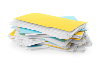 Stack of different files with documents on white background
