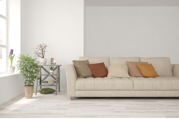 White living room with sofa. Scandinavian interior design. 3D illustration