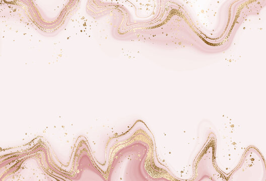 Elegant liquid marble painting print design with gold waves and splatter.
