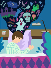 Concept of sleep with nightmare. Sleeping man in bed with sleep disorders and scary dark dreams. Colorful vector illustration.