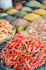 Dried red chillies and other spices for sale at market, Kathmandu, Nepal