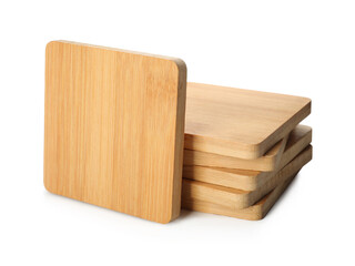 Stylish wooden cup coasters on white background