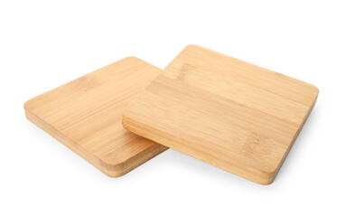 Stylish wooden cup coasters on white background