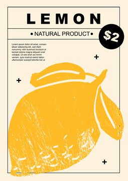 Lemon. Set of posters of fruits and citrus in a abstract draw design. Label or poster, price tag. Simple, flat design. Patterns and backgrounds. Perfect for poster, cover, banner.