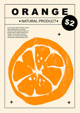 Orange. Set of posters of fruits and citrus in a abstract draw design. Label or poster, price tag. Simple, flat design. Patterns and backgrounds. Perfect for poster, cover, banner.