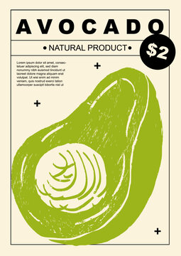 Avocado. Set of posters of fruits and vegetables in a abstract draw design. Label or poster, price tag. Simple, flat design. Patterns and backgrounds. Perfect for poster, cover, banner.