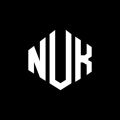 NUK letter logo design with polygon shape. NUK polygon and cube shape logo design. NUK hexagon vector logo template white and black colors. NUK monogram, business and real estate logo.