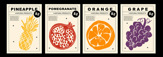Pineapple, pomegranate, orange, grape. Set of posters of fruits, citrus and berries in a abstract draw design. Label or poster, price tag. Simple, flat design. For poster, cover, banner.