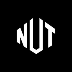 NUT letter logo design with polygon shape. NUT polygon and cube shape logo design. NUT hexagon vector logo template white and black colors. NUT monogram, business and real estate logo.
