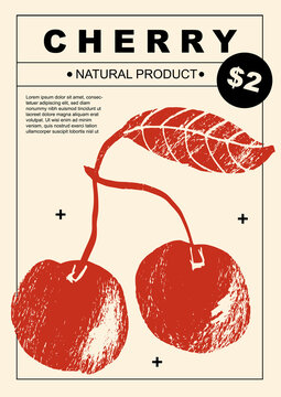 Cherry. Set of posters of fruits and berries in a abstract draw design. Label or poster, price tag. Simple, flat design. Patterns and backgrounds. Perfect for poster, cover, banner.