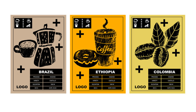 Packaging design for coffee. Drawing art for packaging label. Beans, leaf brunch, cup cappuccino and coffee maker. Set of posters in a minimalist design. Flat vector illustration
