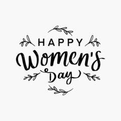 happy women's day hand lettering with leaves. vector isolated design