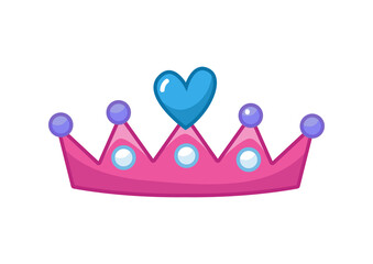 Pink crown with a blue heart and pearls. Princess tiara. Vector illustration of an accessory in a cartoon children's style. Isolated cute clipart on a white background. Colored art with an outline. © GreenPencil