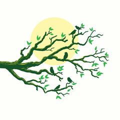 branch tree with birds and moon vector
