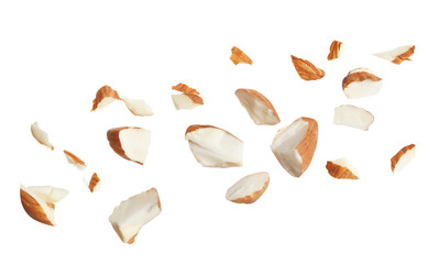 Fototapeta premium Pieces of tasty almonds on white background