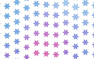 Light Pink, Blue vector background with beautiful snowflakes, stars.