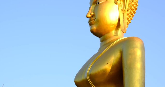 ฺTilt up camera at Big golden Buddha statue with blue sky is background