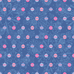 christmas balls on repetitive background with snowflakes. vector seamless pattern. fabric swatch. wrapping paper. continuous print. winter illustration. design template for greeting card, invitation