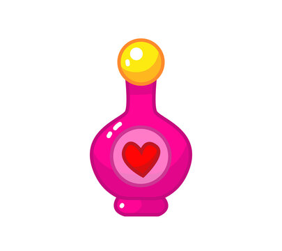 recommend clip art: A pink bottle of perfume or eau de toilette with a pattern in the form of a heart. Vector illustration of a princess accessory in cartoon childish style. Isolated cute clipart