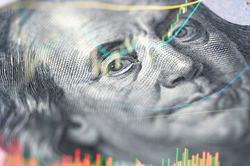 Benjamin Franklin's face on the US 100 dollar bill. Composition with business statistics and stock data graphic