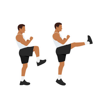 Man Doing Front Kick Exercise. Flat Vector Illustration Isolated On White Background