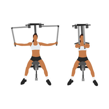Woman doing Butterflies. pec deck. seated machine flies. exercise. Flat vector illustration isolated on white background
