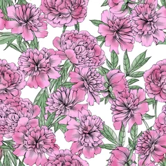 Fototapeten Pink peony on a white background. Seamless illustration for fabric and decoration © OlgaShashok