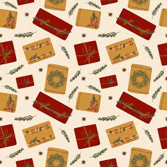 seamless pattern of gift boxes from kraft paper. Eco packing of Christmas and New Year gifts with natural materials. background for textile design, digital paper, wrappers. vector illustration
