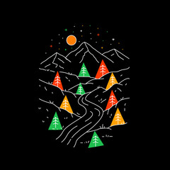 view of the river, forest and mountain - line art mono line for pin graphic illustration vector art t-shirt design