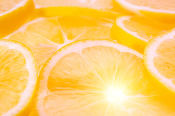Many orange slices, sliced juicy orange for background
