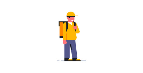 Courier online food delivery service to your home. Courier in working uniform. Bag, backpack, pizza, food. Vector illustration