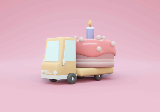 3D Rendering of a truck with big cake in pastel theme concept of birth day cake delivery service. 3D Render illustration.