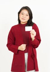 Holding and Showing Blank Credit Card Of Beautiful Asian Woman Wearing Red Shirt Isolated On White