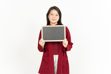 Showing, Presenting and holding Blank Blackboard Of Beautiful Asian Woman Wearing Red Shirt