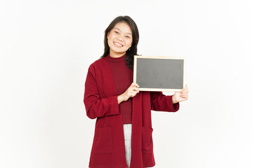 Showing, Presenting and holding Blank Blackboard Of Beautiful Asian Woman Wearing Red Shirt