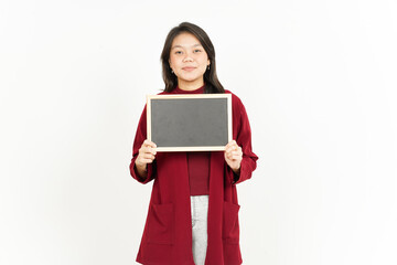 Obraz premium Showing, Presenting and holding Blank Blackboard Of Beautiful Asian Woman Wearing Red Shirt