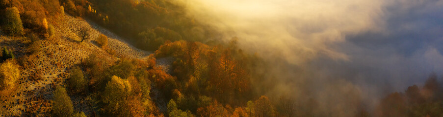 Mountain landscape. Autumn forest in the fog, dawn. Drone view