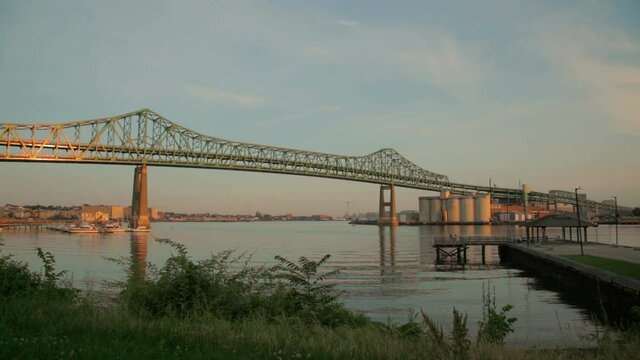 boston tobin bridge and dock at sunset very wide