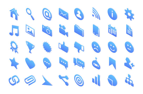 Isometric icons house, magnifier, mail envelope and wifi, cogwheel, exclamation mark, music notes and picture with photo or video camera. Document folder, paper file, star isolated 3d vector signs set