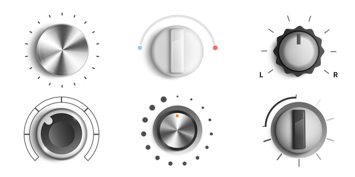 Volume knobs, round adjustment dial. Regulator level and analog buttons, Min Max music sound switchers, round tuners for audio stereo system, isolated ui app design elements, Realistic 3d vector set