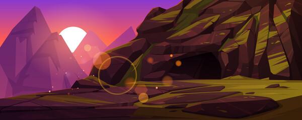 Mountains with entrance to dark cave at sunset. Vector cartoon illustration of summer landscape with rocks, deep stone cavern or mine, green grass and sun at evening