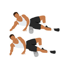 Man doing Foam roller outer thighs stretch exercise. Flat vector illustration isolated on white background
