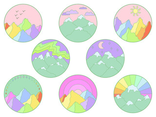 Vector set illustration of mountain. Colorful hand drawn outline icon in circle frame. For print, web, design, decor, logo.