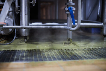 Equipment for the production of craft beer, draining filtered hops into the sewer. Front view.