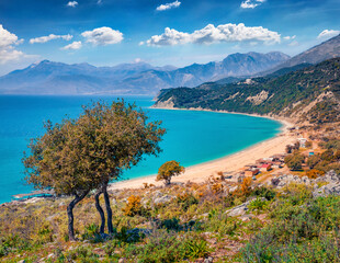 Aerial summer view of Lukove beach. Colorful morning seascape of Adriatic sea. Sunny outdoor scene of Albania, Europe. Vacation concept background..