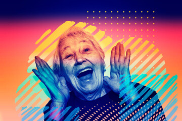 Happy senior woman - Collage in pop art or poster style