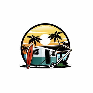 camper trailer, caravan trailer camping in the beach  illustration vector