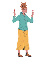 Happy Woman Crosses Two Fingers in Shape of Heart.