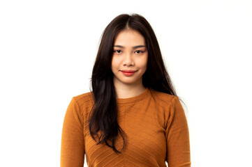 Obraz premium Portrait of Asian woman wearing an orange shirt on a white background.