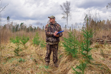 An ecologist observes a growing young forest.